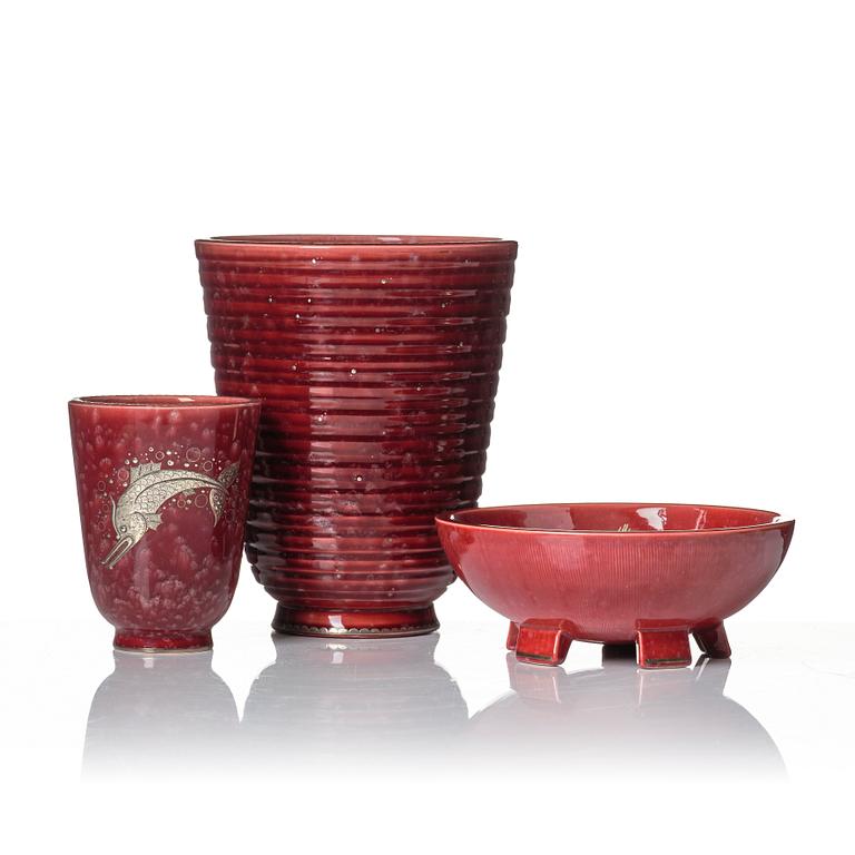 Wilhelm Kåge, Two Argenta stoneware vases and a bowl, Gustavsberg.