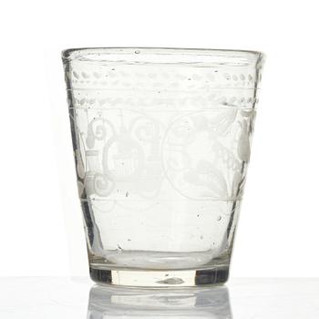 An engraved glass goblet, 18th century.