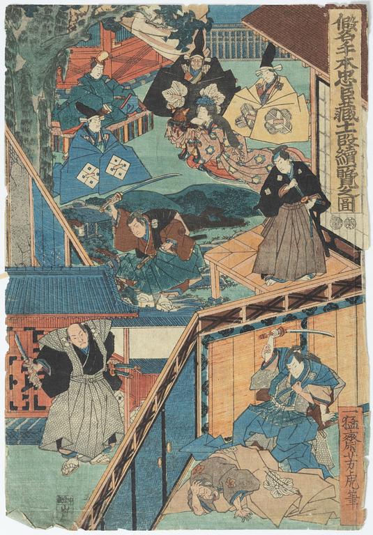Träsnitt, fyra stycken, Japan, bland annat Ogata Gekko och Utagawa Kunisada.