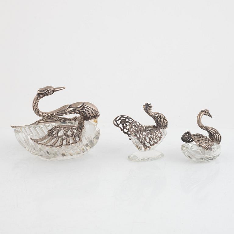 Salt cellar/table accessory, silver and glass, three pieces, mid-20th century.