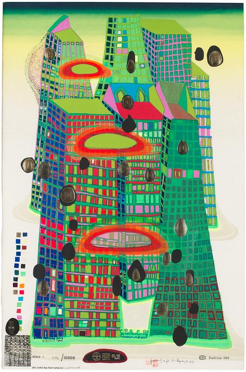 Friedensreich Hundertwasser, "Good Morning City - Bleeding Town" (mit Phosphorfarben überarbeitete Ausgabe).