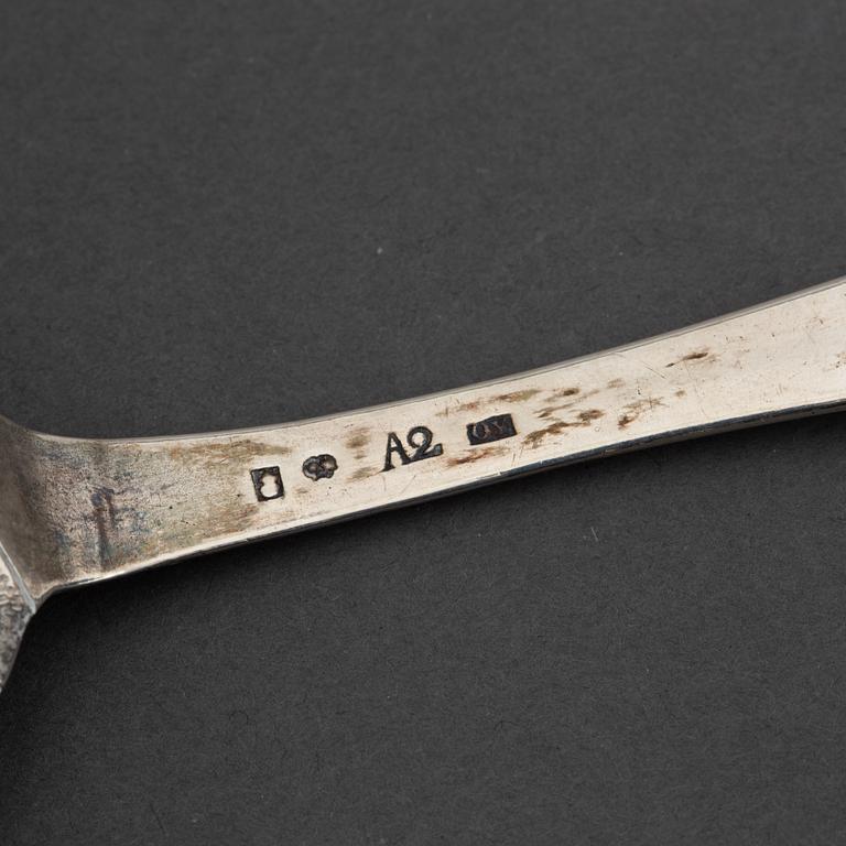 A matched pair of Swedish 18th century silver spoons, marked Uppsala.