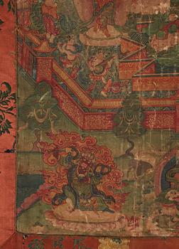 Thangka, grön Tara, tusch och färg på duk. Tibet, 1800-tal.