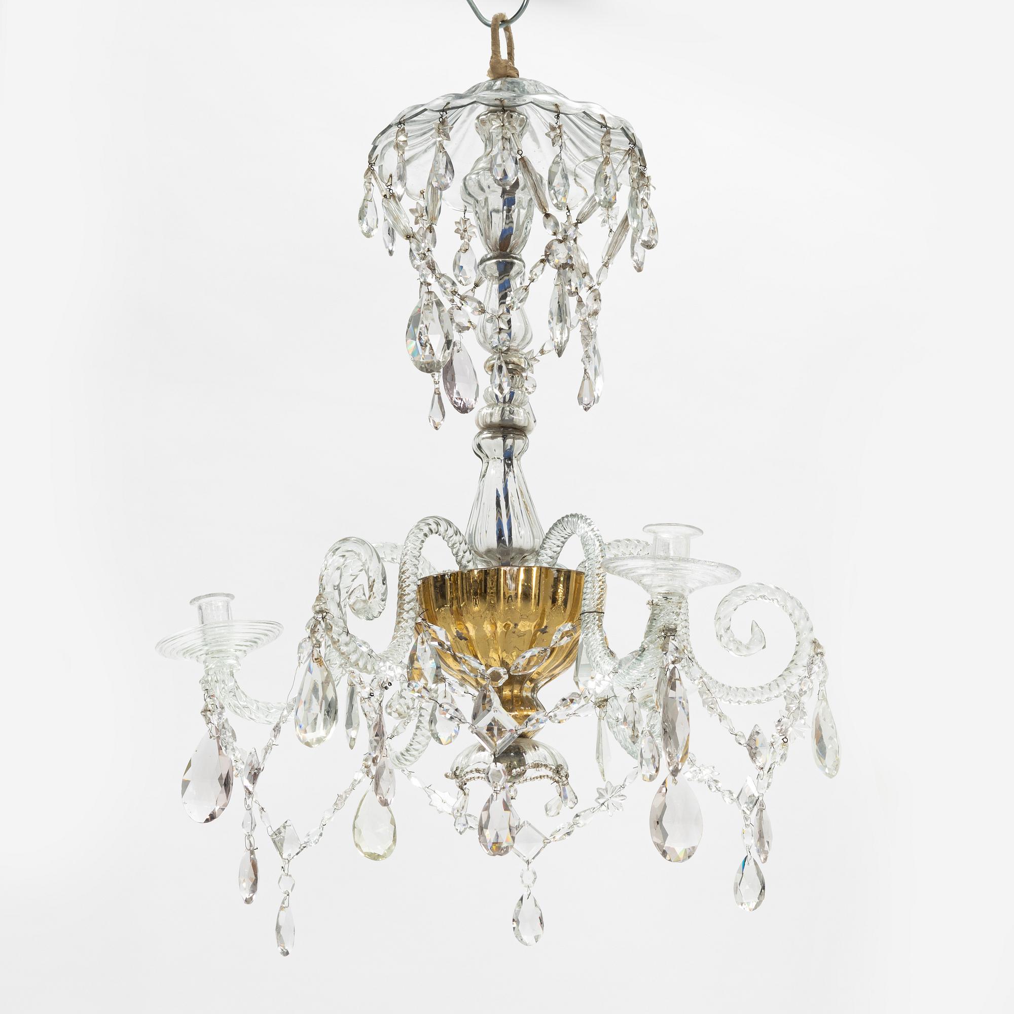 A European glass three-light chandelier, circa 1800.