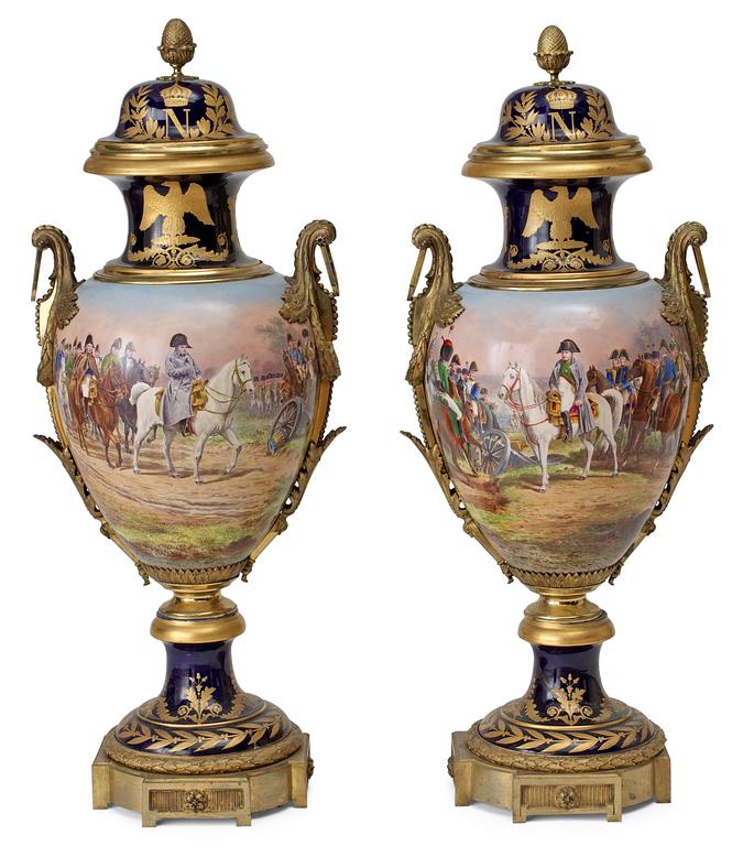 A pair of large bronze mounted vases with covers, France, second half of 19th Century.