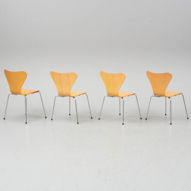 ARNE JACOBSEN, four Series 7 chairs from Fritz Hansen, Denmark, 1996-8.