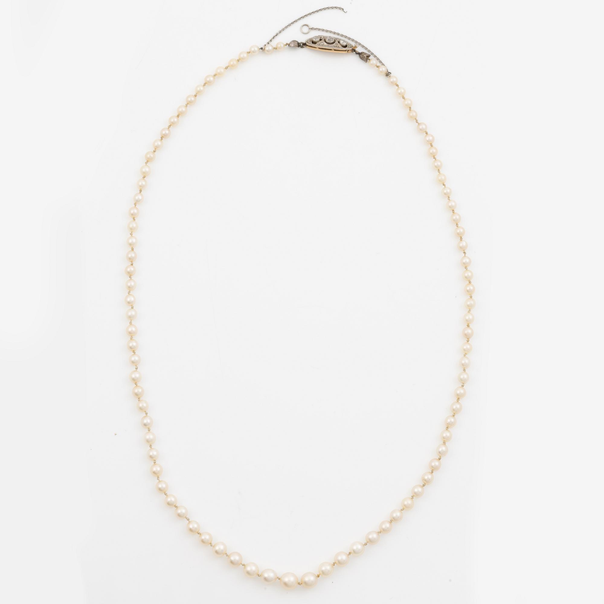 Necklace of cultured pearls, clasp in 14K gold set with old mine and rose-cut diamonds.