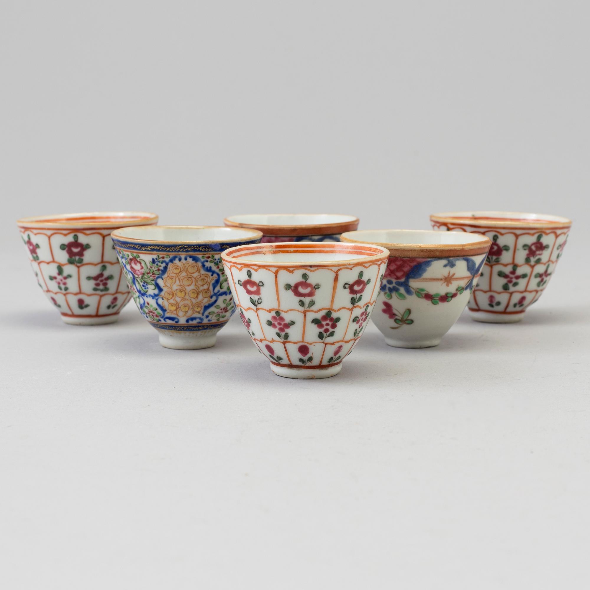 Six famille rose export porcelain cups, Qing dynasty, 18th century.