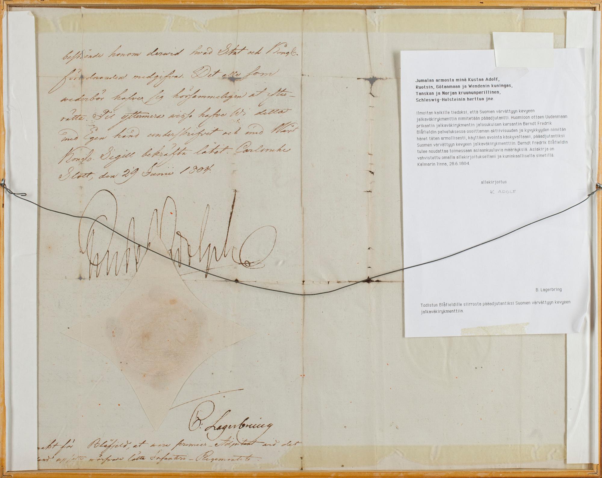 KONUNG GUSTAF IV ADOLF AV SVERIGE OCH FINLAND, autograf på utnämningsdokument, daterat 1804.