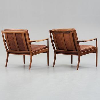 Ib Kofod Larsen, a pair of "Samsö" palisander and brown leather easy chairs, Olof Persons Fåtöljindustri (OPE) Sweden 1960's.