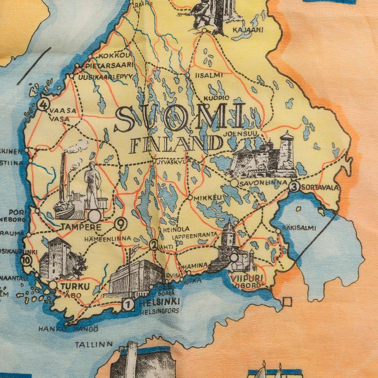 Sidenduk, 1 st,  pins, 4 st, och tygetikett, Helsingfors sommar-OS 1940.