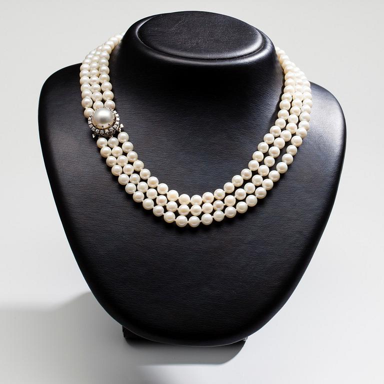 COLLIER, 3-radig akoyapärlor 6 - 6,5 mm. Längd ca 45 cm.