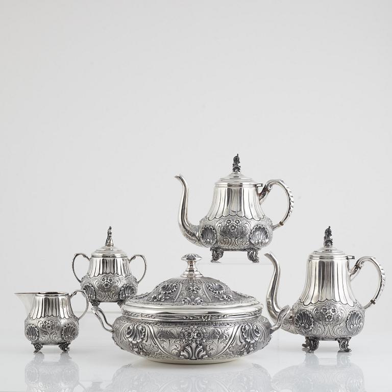 Coffee and tea set, 5 pieces, sterling silver, 1900s, ATN, Bogota, Colombia.