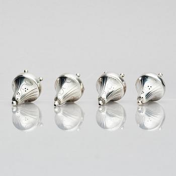 Georg Jensen, four sterling silver casters, design Harald Nilesen, Copenhagen 1933-44, one Copenhagen after 1945.