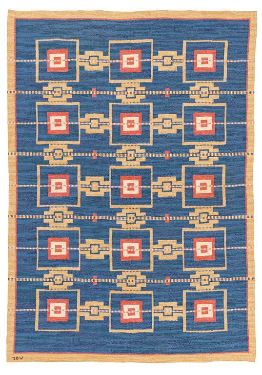 a carpet, flat weave, c 243 x 170 cm, signed JBV (Johanna Brunssons Vävskola).