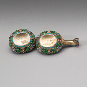 A pair of Russian silver-gilt and enameled kovsch/salts, unidentified makers mark, Moscow 1899-1908.