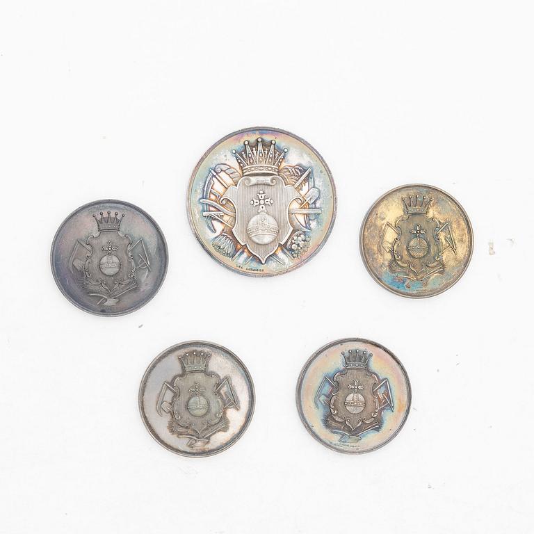 Medaljer, 5 st, silver, Kungl. Myntverket, omkring år 1900.