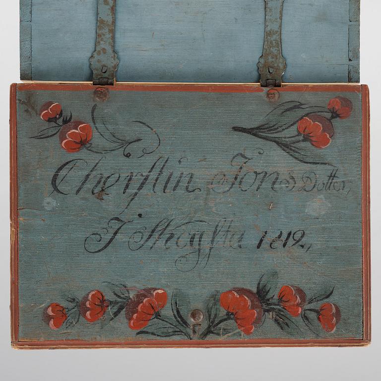a painted swedish wooden box dated 1812.
