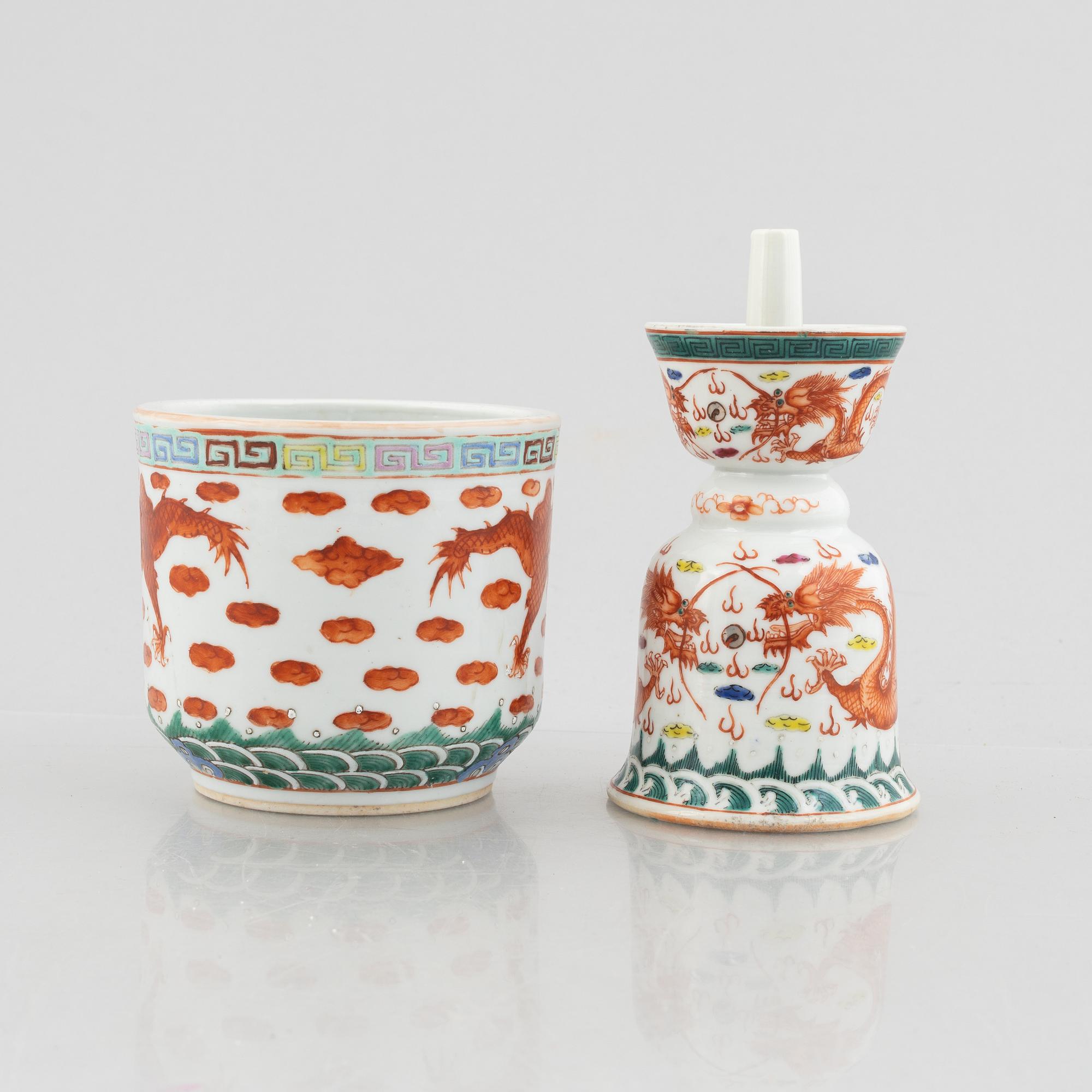 A porcelain flower pot and an incense holder, China, early 20th century.