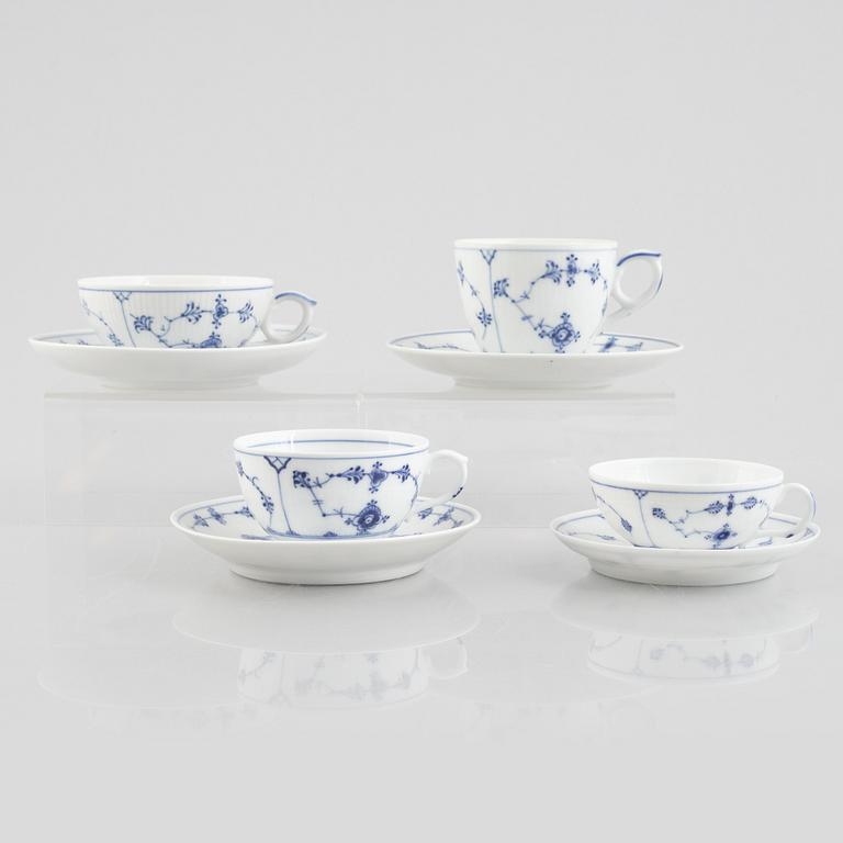 A group of four 'Blue Fluted' / 'Musselmalet rifflet' cups with saucers, Royal Copenhagen, 19th century and later.