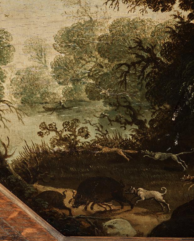 Cyriacus Bril, Forest landscape with boar hunting.