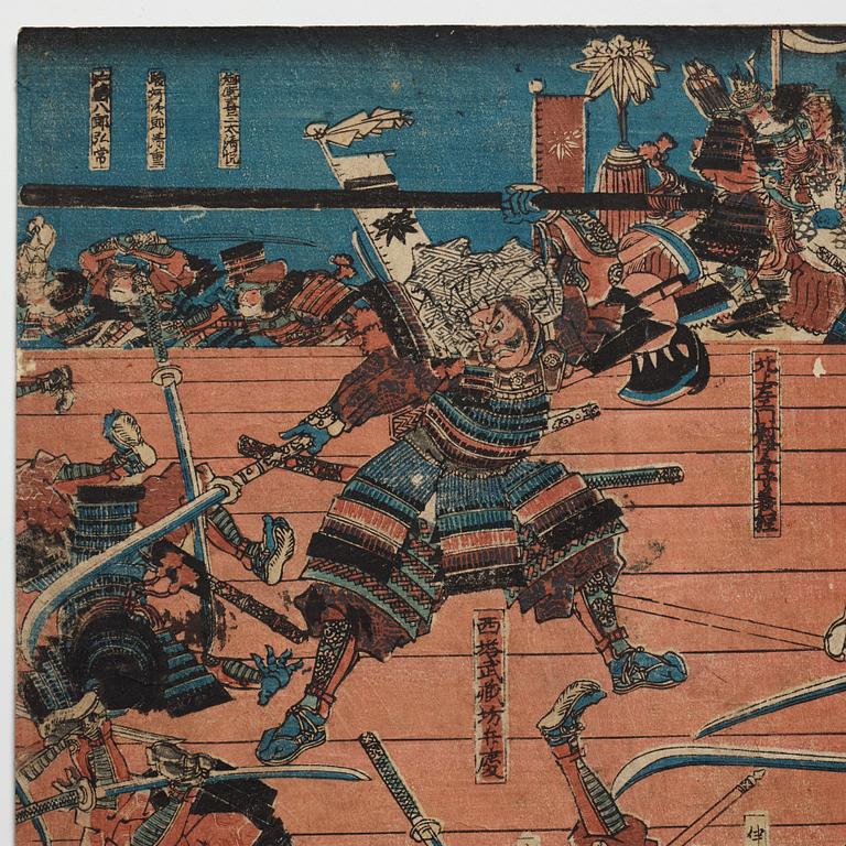 UTAGAWA YOSHITORA, two coloured woodblock prints, triptych, Japan, late 19th century.