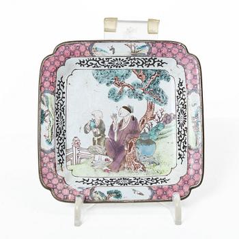 A set of six Chinese enamel on copper bowls and a dish, Qing dynasty and 20th century.