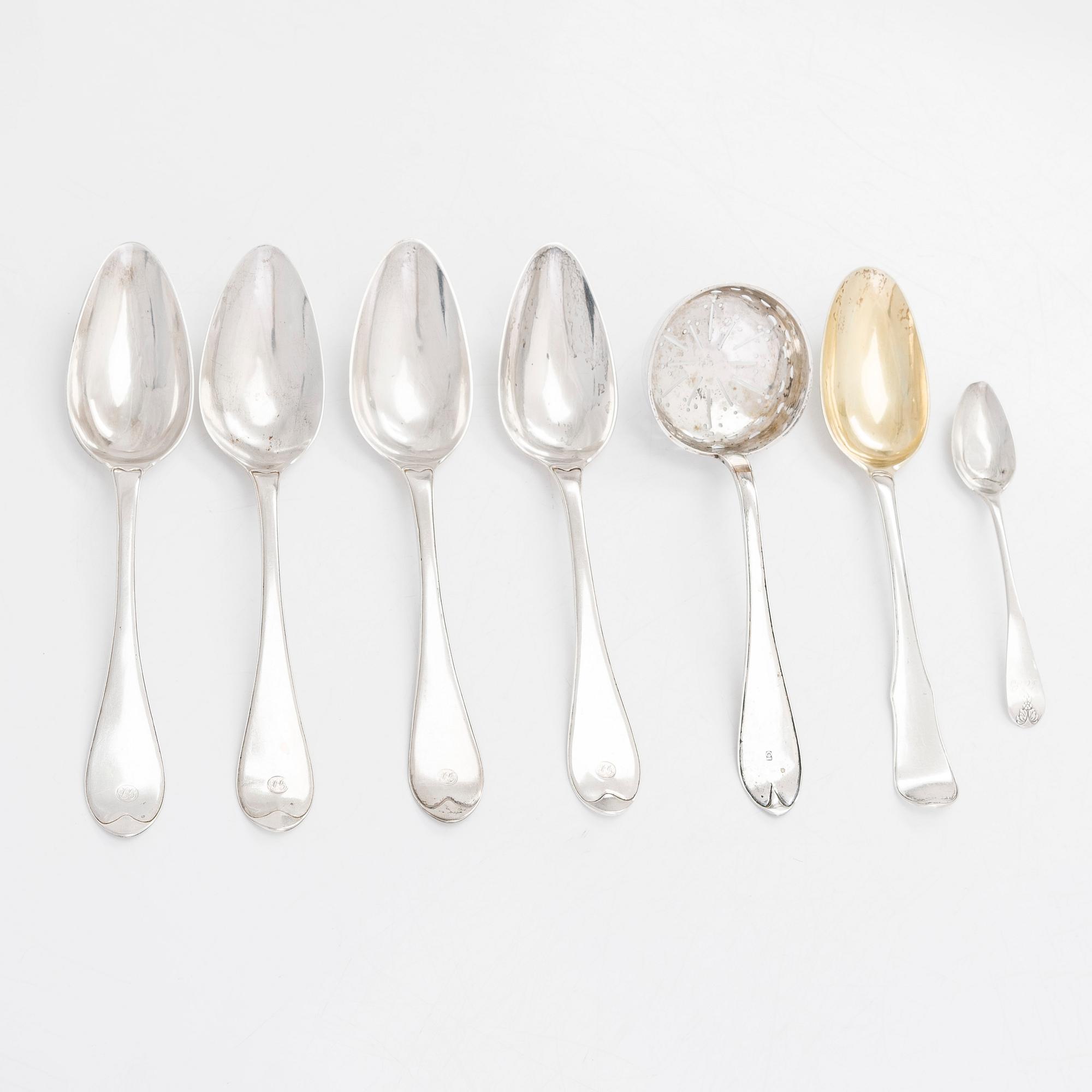Six early 19th-century silver spoons, and a sprinkle spoon, mainly Tammisaari and Turku, Finland 1803-1820s.