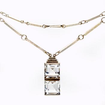 Wiwen Nilsson, pendant on chain, sterling silver, two rock crystal sapprox 15 x 15 mm each, Lund 1945.