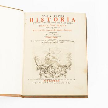 Books, four volumes,'Svea Rikes Historia', Olof Dalin, Lars Salvius, Stockholm, 1747-62.