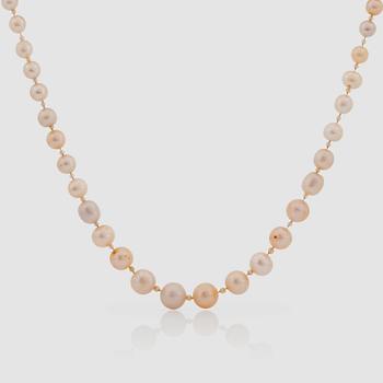 1224. A pearl necklace. Probably Swedish non-nucleated fresh water pearls ('river pearls') Diameter circa 4.8 - 9.5 mm.