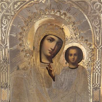 A Russian icon, with parcel-gilt oklad, Moscow, 1877.
