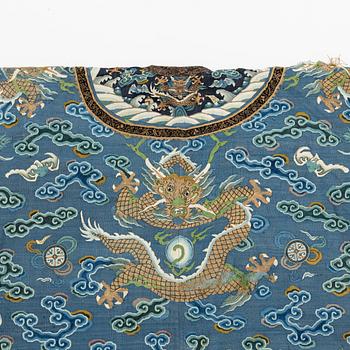 A five clawed dragon kesi robe on blue ground, Jifu, Qing dynasty, 19th century.