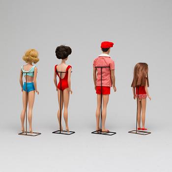 Four 1960's Barbiedolls with accessories, Mattel.