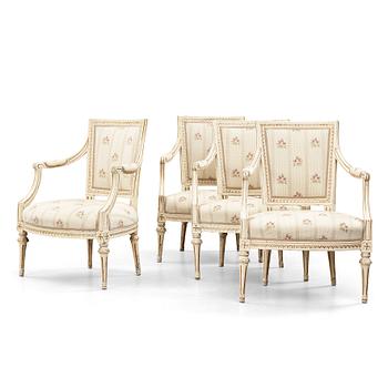 39. A set of four Gustavian late 18th century armchairs.