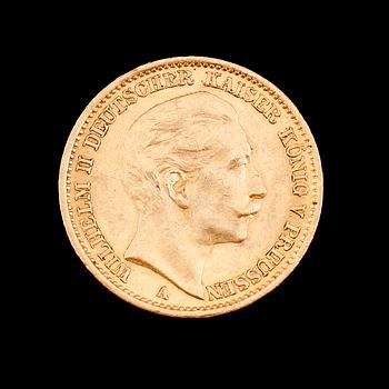 GULDMYNT, 20 mark, Wilhelm II, 1910. Vikt ca 8 gram.