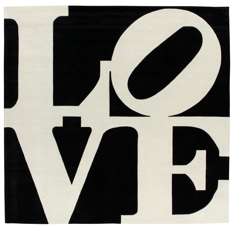 Robert Indiana, CARPET. "White on Black", Chosen Love. Hand tufted in 1995. 303 x 306 cm. Robert Indiana.