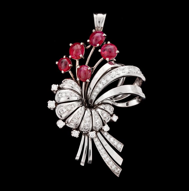 A ruby and diamond brooch, tot. app 1.35 cts, 1960's.