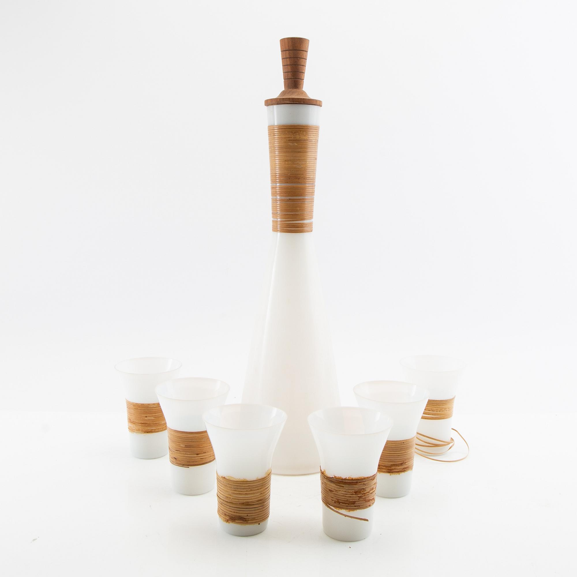 Jacob Bang carafe with six glasses, Kastrup Glassworks 1960s.