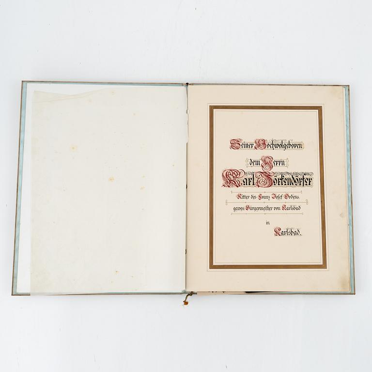 Etui med ett hedersomnämnande till Borgmästaren i Karlsbad, Österrike, 1886.