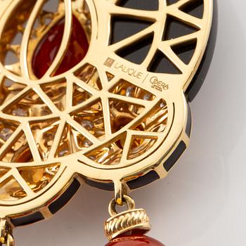 Lalique, necklace, "L'Oiseau de Feu", 18K gold with fire opal, sapphires, and diamonds on black jade.
