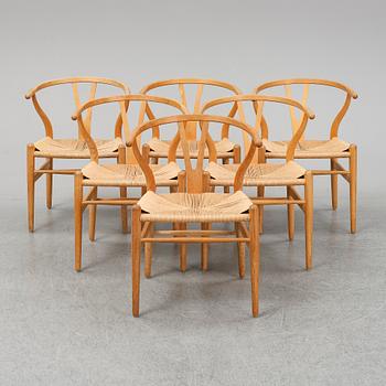 HANS J WEGNER, stolar, 6 st, "CH24" "Y-stolen", Carl Hansen & Son, Odense, Danmark, 1950-tal.