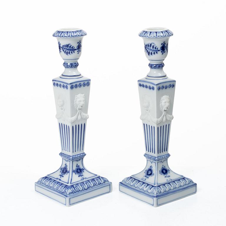 Royal Copenhagen, Candlesticks, a pair, porcelain, "Musselmalet", Denmark, 1935–1936 & 1980–1984.