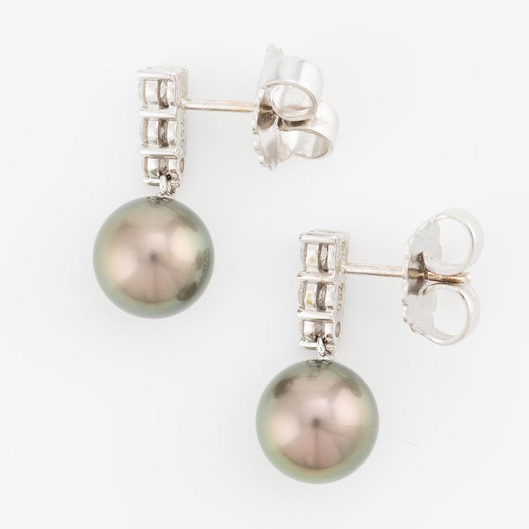 Earrings, a pair, 18K white gold with cultured Tahitian pearls and brilliant-cut diamonds.