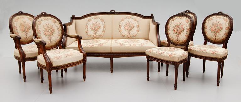 SALONGSMÖBEL, 6 delar, gustaviansk stil, 1900-talets första hälft.