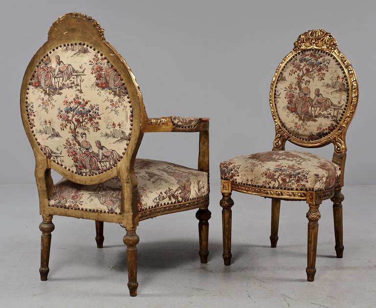 FÅTÖLJER, ett par samt STOLAR, ett par, Louis XVI-stil, 1900-tal.