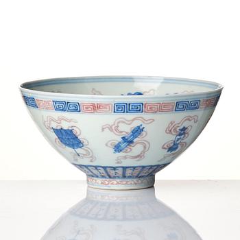 An underglaze blue and iron red bats bowl, China, possibly Republic, 20th century.