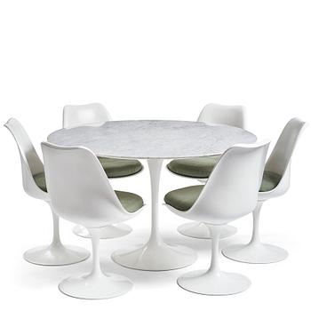 Eero Saarinen, a circular marble top table and six chairs, 'Tulip', Knoll International, probably 1960s.