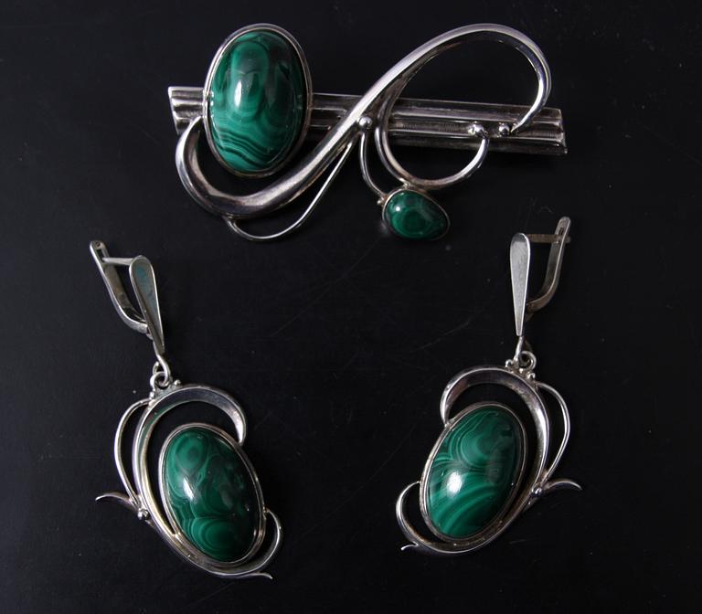 GARNITYR, 3 delar, silver och malakit.