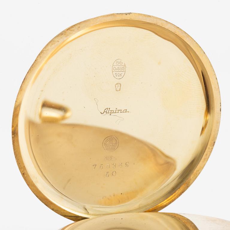 Pocket watch, hunter, 14K gold, Alpina, 51 mm.
